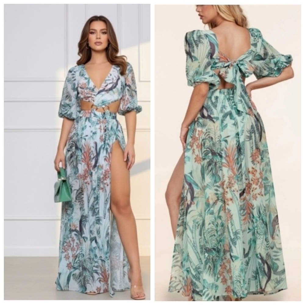 L’ATISTE by Amy Tropical Cut Out Maxi Dress Size‎ L Elastic Waist Slit